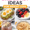 High protein breakfast ideas for weight loss including avocado toast, Greek yogurt with berries, protein smoothie and oatmeal with peanut butter