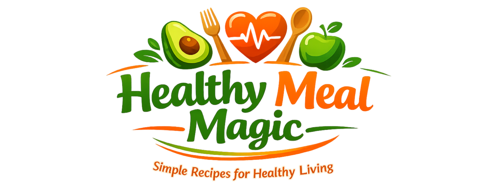 Healthy Meal Magic logo with avocado, apple, heart, fork and spoon
