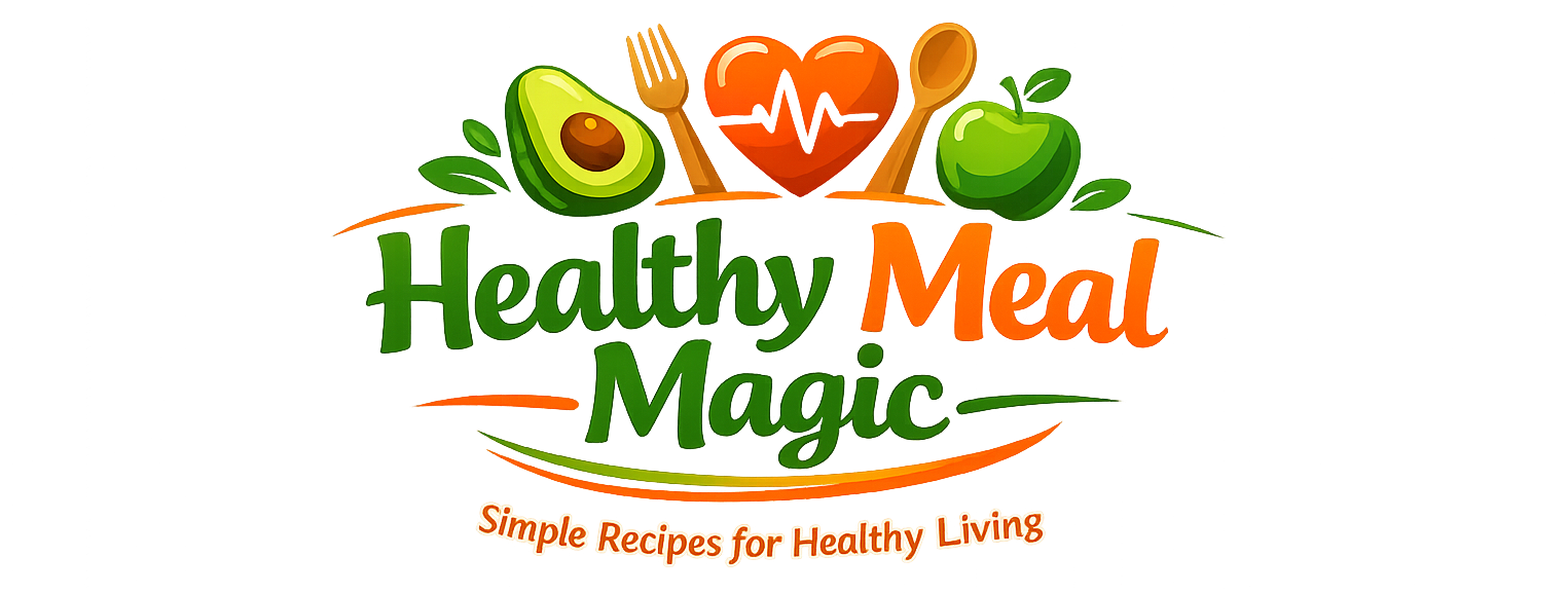 Healthy Meal Magic logo with avocado, apple, heart, fork and spoon