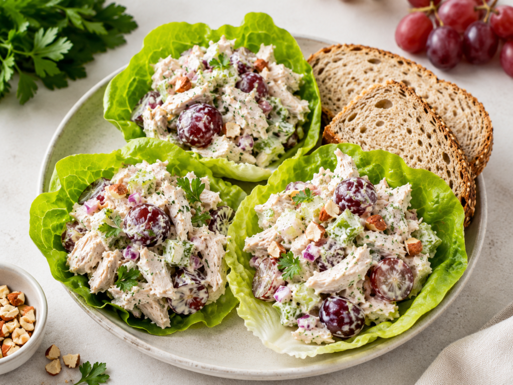Greek yogurt chicken salad served in lettuce cups