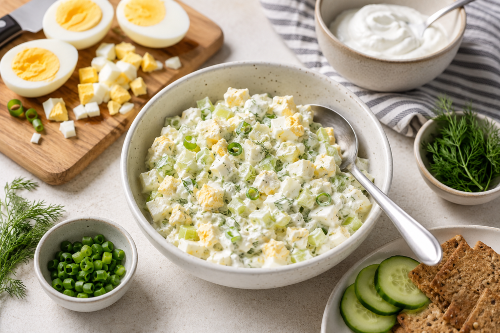 Greek yogurt egg salad without mayo with chopped eggs and fresh herbs