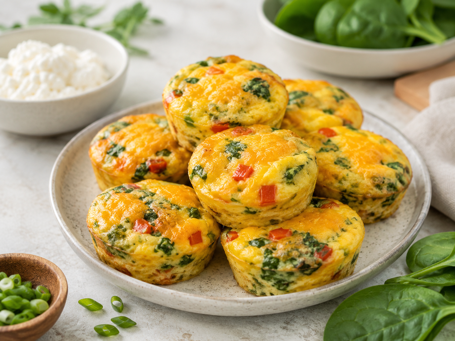 High protein cottage cheese egg bites with spinach and bell pepper