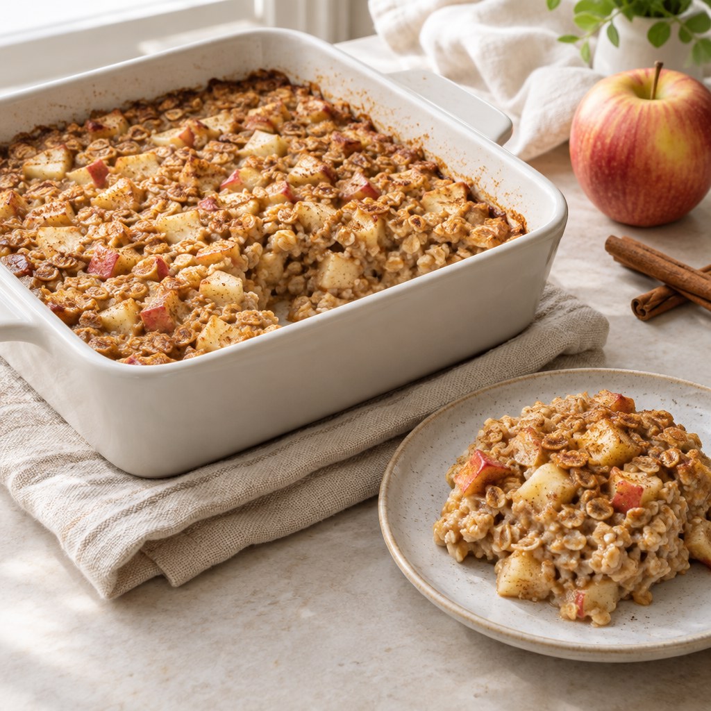 Apple cinnamon baked oatmeal in a baking dish with a serving beside it