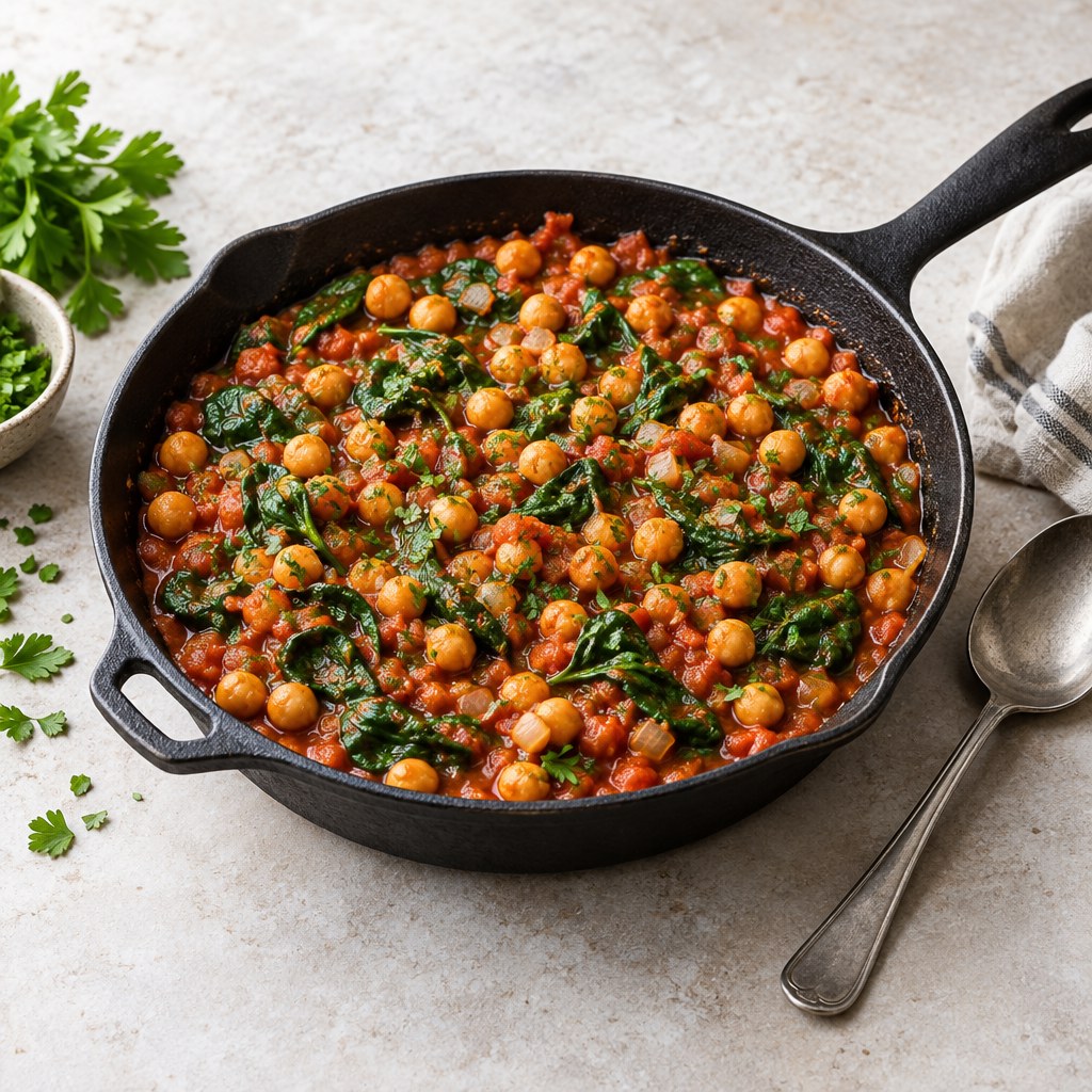 Chickpea and spinach skillet with tomatoes