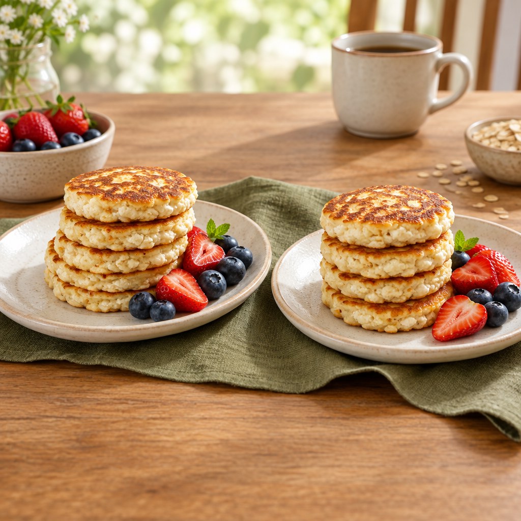 Cottage cheese oat pancakes served with berries