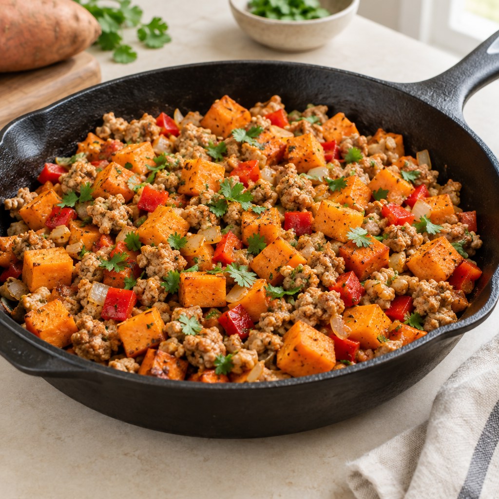 Ground turkey skillet with sweet potato cubes and red bell pepper