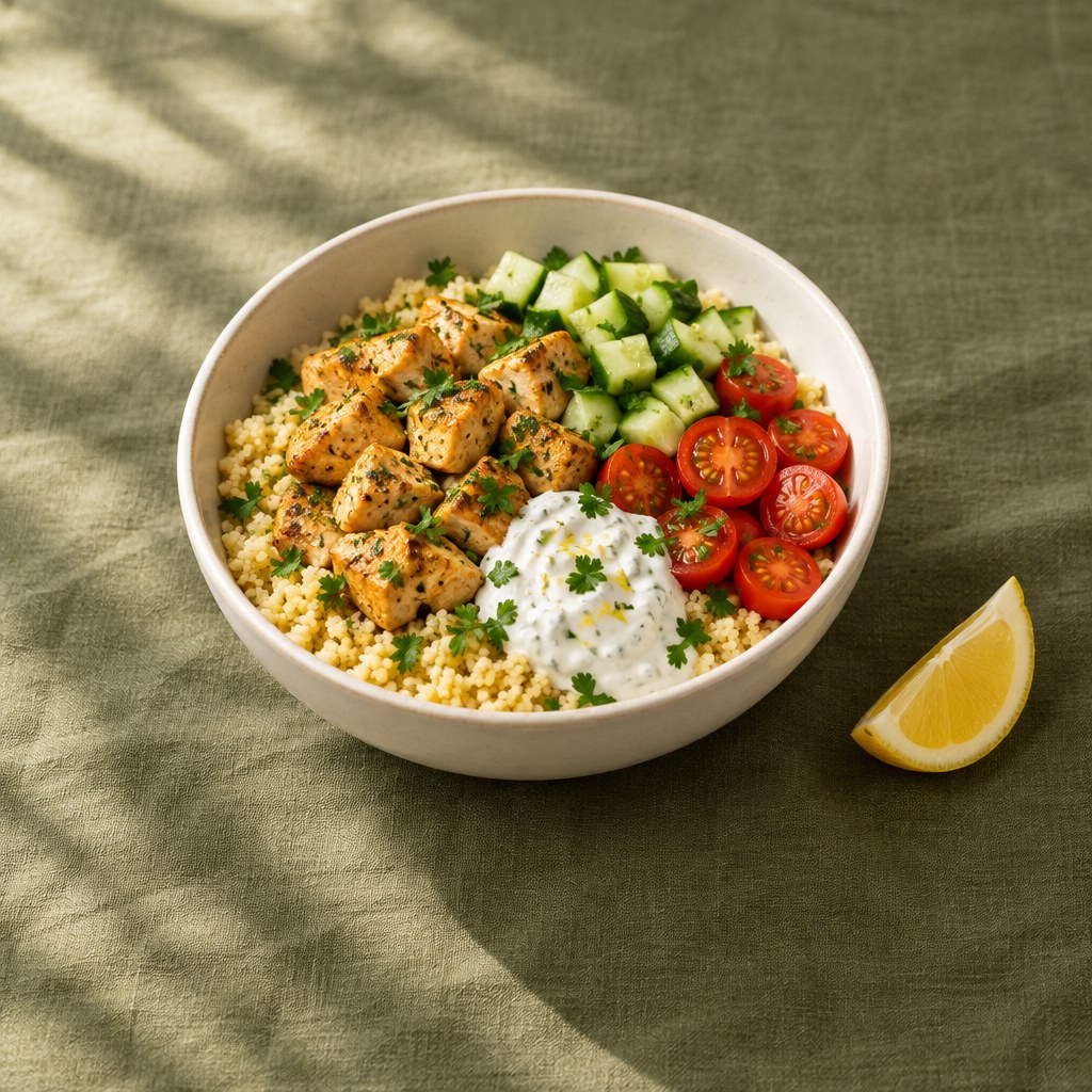 Lemon chicken couscous bowl with cucumber, tomatoes and yogurt sauce