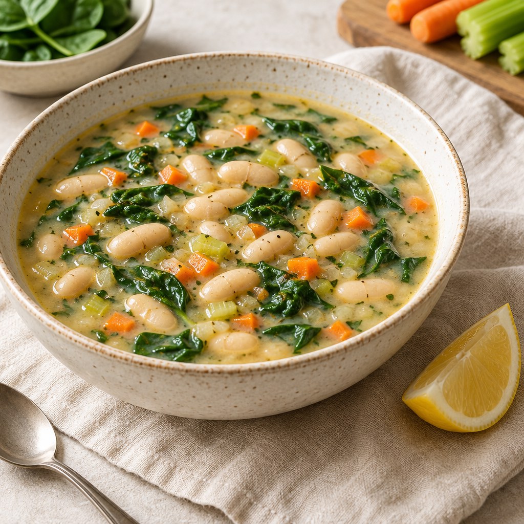 White bean and spinach soup with diced carrots in a ceramic bowl